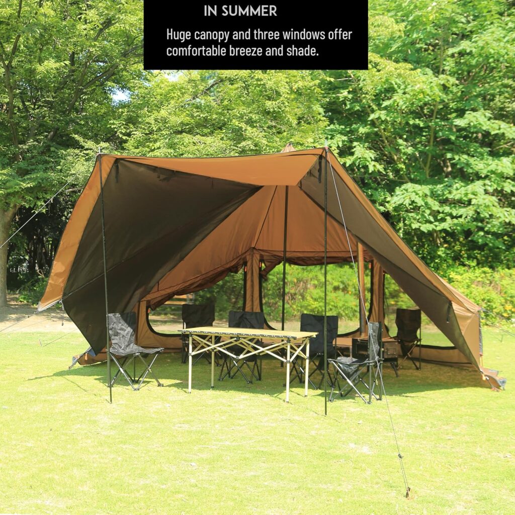 Preself 4‑Season Tipi Hot Tent with Canopy (Standing Room Teepee)