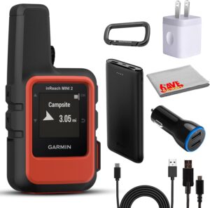 Garmin inReach Mini 2 Satellite Communicator, Lightweight Compact Rugged Design, Portable GPS Handheld for Hiking, Two-Way Text Messaging Device Bundle with Accessories (Flame Red).