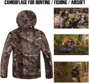 CARWORNIC Men's Camo Quiet Hunting Jacket Waterproof Softshell Fleece Lined Camouflage Outdoor Hiking Fishing Coat
