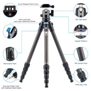 SIRUI AM-225 Camera Tripod Carbon Fiber Tripod 5-Sections Travel Lightweight Small Tripod with B-00K Ball Head,Black