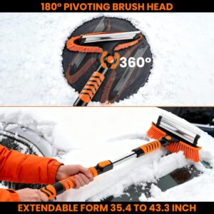 43" Ice Scraper for Car Windshield - 3-in-1 Extendable Snow Brush with 180° Pivot Head.