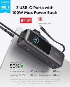 Anker Power Bank 25K, 165W with Built-In and Retractable Cables